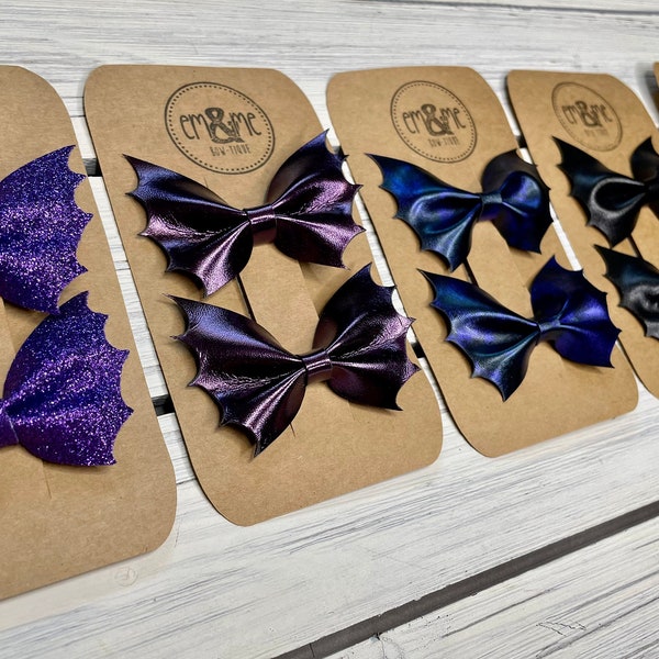 Bat Pigtail Hair Bows, glitter bat, purple bat, set of 2, Halloween bows