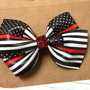 3.5” Red Line Flag Hair Bow, Firefighter hair bow, first responder bow, flag bow, red bow, redline flag