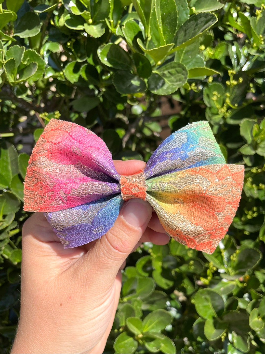 5 Rainbow Glitter and Lace Bow, Rainbow Glitter Bow, Lace Bow, Rainbow