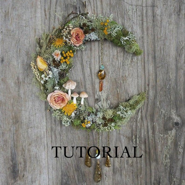 PDF Herbal Moon Tutorial Download... diy holiday christmas wreath dream catcher crescent crystal boho dried flower mystical witch wedding