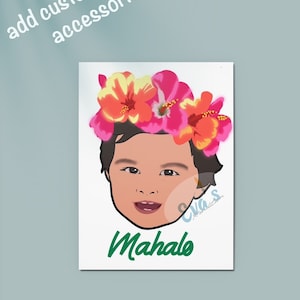 Comic-achtige cartoon digitale babyfoto van baby voor bedankbriefje of brief voor Hawaï of Hawaïaans feest