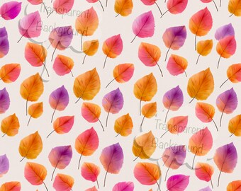 Watercolor Winter Leaf Pattern PNG, Orange Purple Leaves, Transparent Background, Crafting Clipart, Sublimation Digital Art, Printable Desig