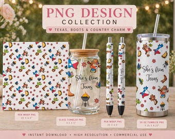 Western Sublimation PNG Bundle, Texas Pattern Tumbler Wrap, Cowgirl Boots Bluebonnet Cactus Seamless Craft Design