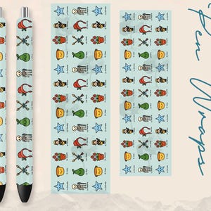 May include: Two pens and pen wraps with a light blue background and a repeating pattern of colorful illustrations. The pattern includes stars, skeletons, pears, and other whimsical designs. The words "Pen Wraps" are written in cursive.