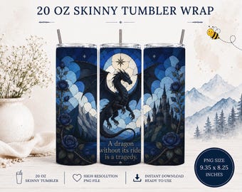 Dragon Tumbler Wrap PNG 20oz Skinny | Fantasy Dragon Sublimation Design | BookTok Romantasy Cup Wrap | Blue Rose Fantasy PNG | Reader Gift D