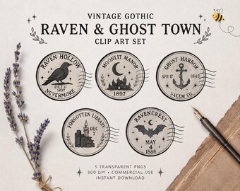 Vintage Gothic Stamp PNG Bundle | Dark Academia Clipart Set | Raven, Bat, Haunted Manor, Library & Harbor PNGs | Halloween Sublimation