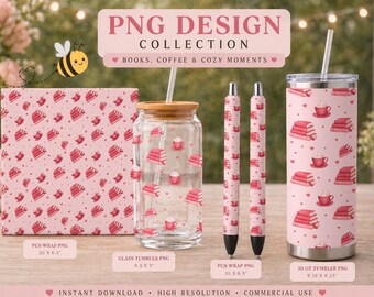 Cozy Pink Books Coffee Pattern PNG Bundle Tumbler Wrap 40oz Glass Can Pen Wrap Valentine Aesthetic Digital Download