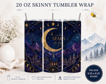 Bookish Tumbler Wrap PNG 20oz Skinny | Fantasy Tumbler Wrap | Celestial Moon Stars Sublimation Design | Romantasy Cup Wrap | BookTok Reader