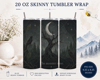 Dark Academia Tumbler Wrap PNG 20oz Skinny | Gothic Raven Sublimation Design | Witchy Forest Cup Wrap | Fantasy BookTok Tumbler PNG | Instan