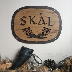 Skål bar sign, viking home decor, skal norse gift, drinking horn wall art, wood decor for him, engraved and cut mdf wood, canteen decor