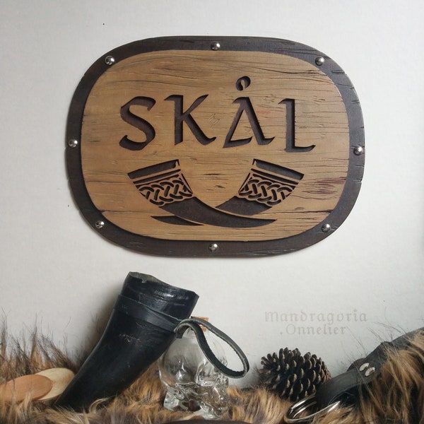 Skål bar sign, viking home decor, skal norse gift, drinking horn wall art, wood decor for him, engraved and cut mdf wood, canteen decor