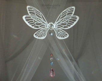 Ethereal white fairy wings suncatcher, Crystal and butterfly hanging decor,  Glass aura effect window ornament, Aesthetic wall decor gifts