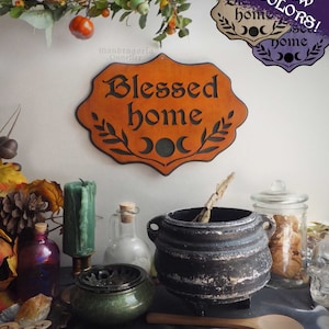 BLESSED HOME Sign, Wicca Home, Pagan Decor, Witch Altar sign, Moon witch, Triple Goddess.