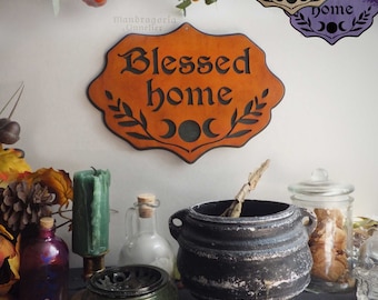Cartello CASA BENEDETTA, Wicca, Decorazione pagana, Cartello dell'altare della strega, Luna, Triplice Dea.