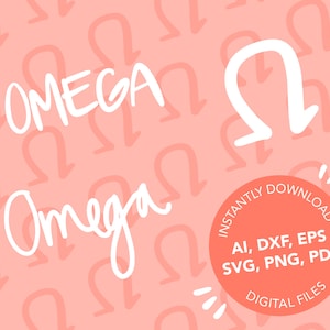 Könnte beinhalten: Ein digitales Dateidesign mit dem griechischen Buchstaben Omega in Weiß auf einem pfirsichfarbenen Hintergrund. Das Wort "Omega" ist handschriftlich geschrieben. Eine runde Grafik zeigt "SOFORT DOWNLOAD" und listet Dateitypen auf: AI, DXF, EPS, SVG, PNG, PDF.