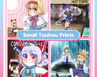 May include: A set of four small Touhou-themed prints featuring various characters from the popular video game series. The prints are colorful and feature a variety of styles, including anime, manga, and traditional Japanese art. The prints are perfect for fans of Touhou Project and would make a great addition to any collection.