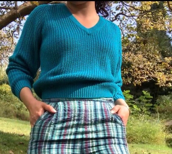 Vintage 80’s Teal V-neck Sweater - image 4