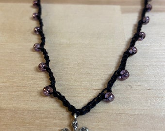 Black & Purple Beaded Necklace with Silver Flower Pendant