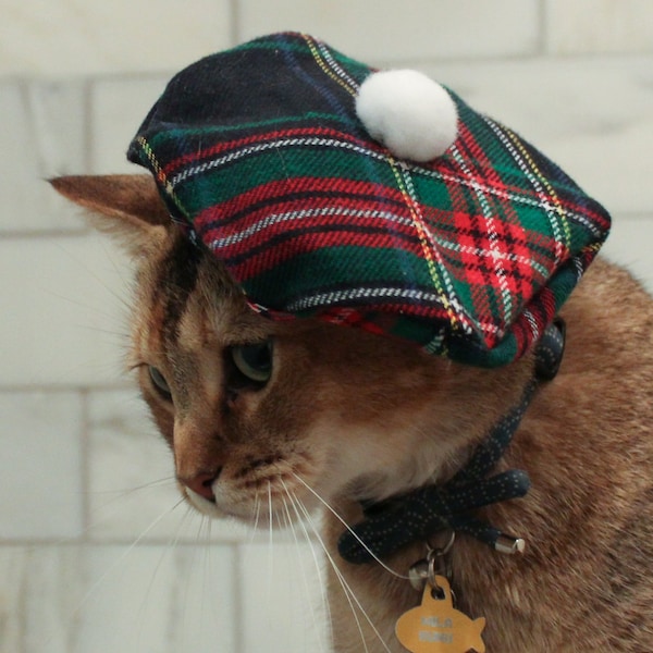 Chapeau de chat écossais - Vert Tartan Tam Plaid Béret pour votre chat GRATUIT SHIPPING