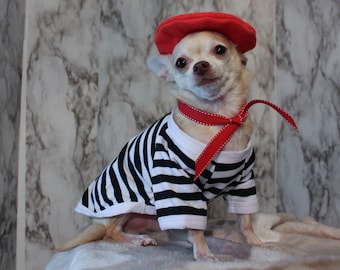 Complete French Dog Outfit- Dog Beret, Ascot and Striped Shirt Pet outfit -- FREE SHIPPING