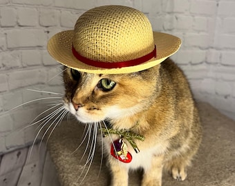 Anime-geïnspireerde strohoed piraat voor je kat!  Anime strohoed voor hond of kat Pirate Luffy
