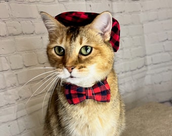 Buffalo Plaid Cat Hat - Pajama Style lumberjack Beret for your Cat FREE SHIPPING