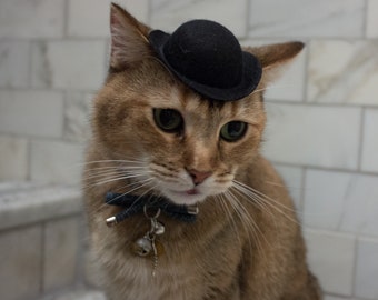 Black Bowler Cat Hat-- Tough Guy Cat Hat FREE SHIPPING Mini