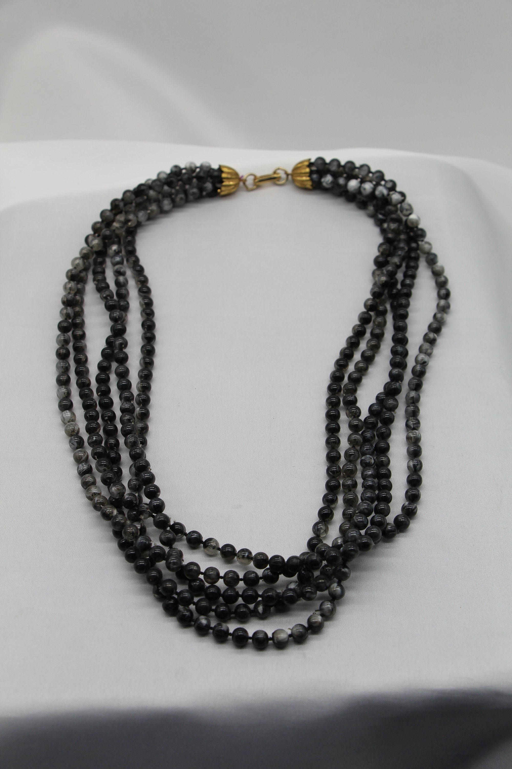 Vintage Beaded Necklace - 5 Strands Black and Grey Beaded