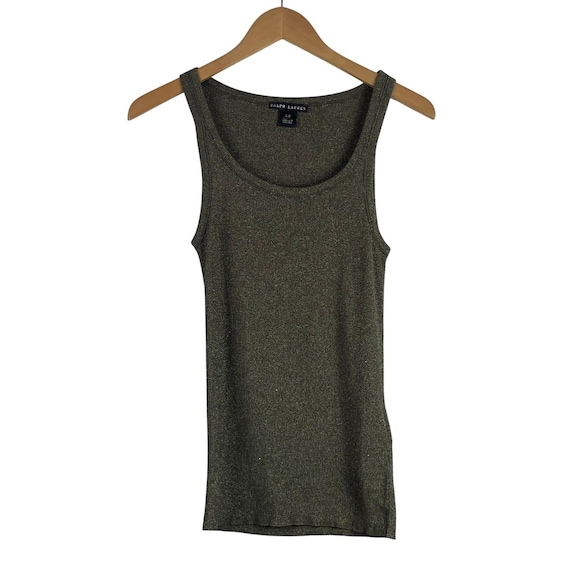 Ralph Lauren Black Label, Ralph Lauren Black Label Tank Top Women L Olive Green Metallic Ribbed Knit Y2K