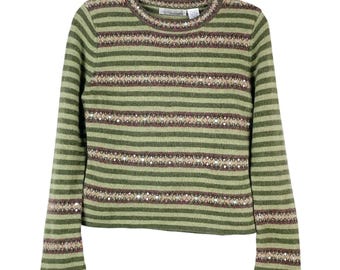 Lucidity Y2K Women's Sage Green Stripe Lambs Wool Angora Sweater Size XL Sequins