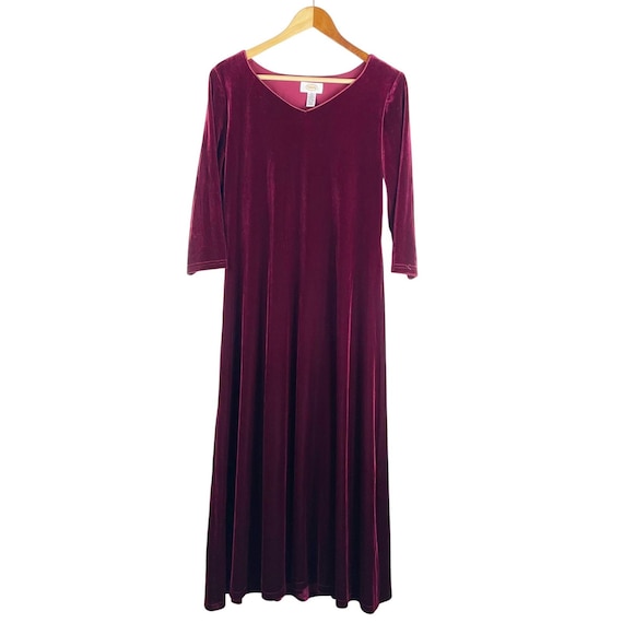 Talbots, Talbots Cranberry Velour Maxi Dress Women's Medium Burgundy V-Neck 1/2 Sleeve