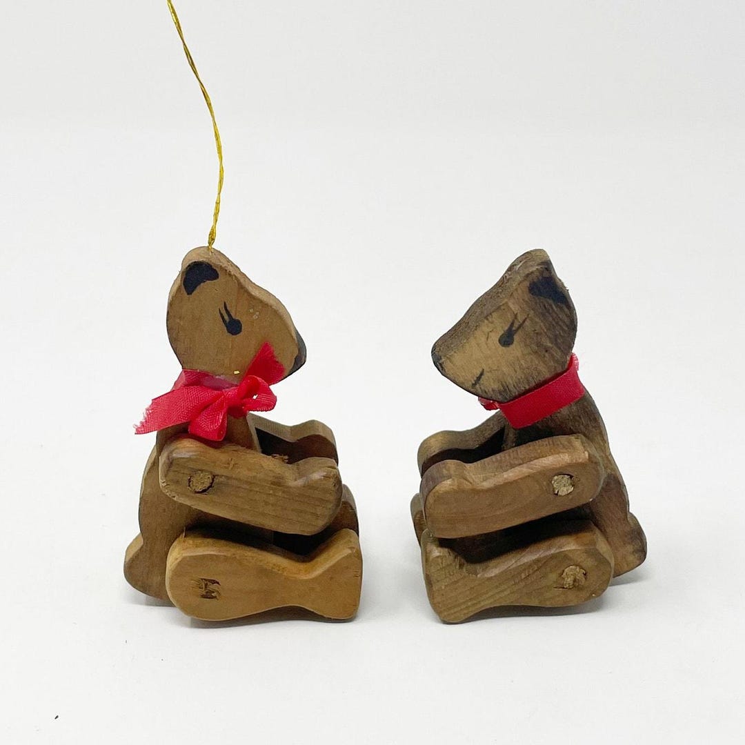 Vintage Pair of Wooden Teddy Bears Figurines Jointed 3.5" Made in