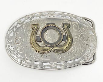 Vintage Double Horseshoe Two Tone Belt Buckle 3 Inch Filigree Missing Stone