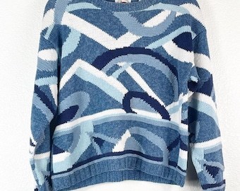 Vintage Marsh Landing handgebreide damestrui Blue Swirl Ramee Cotton Large, groot