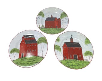 Platos de ensalada y postre Warren Kimble Red BARNS 1998, 20 cm, juego de 3, diseño vintage Sakura