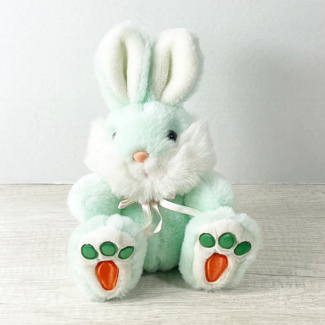 Vintage Pale Green White Bunny Rabbit Plush Stuffed Animal Satin Carrot ...