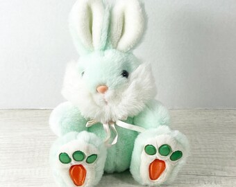 Vintage Pale Green White Bunny Rabbit Plush Stuffed Animal Satin Carrot Feet 9&quot;