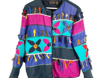 Vintage Allure Women&#39;s Black Multicolor Fringe Floral Jacket Size S Art to Wear