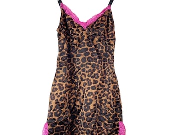 Tripp NYC Y2K Women's Leopard Cheetah Print Slip Dress Size S Pink Lace Trim 00s