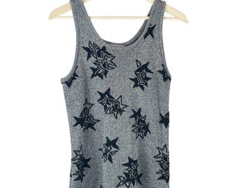 Vintage 90s Women's Silver Metallic Knit Tank Top Black Star Print Size M Goth