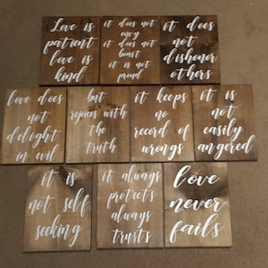 1 Corinthians 13 Wood Wedding Aisle Signs set of 10, love is patient, love is kind, love never fails, love does not envy, Rustic Size 9x12