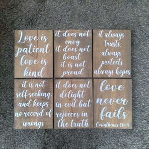 1 Corinthians 13 Wood Wedding Aisle Signs, love is patient, love is kind, love never fails, Set of 6, Size 9x12