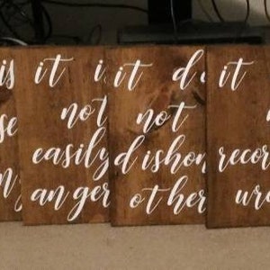 1 Corinthians 13 Wood Wedding aisle Signs, love is patient, love is kind, love never fails- Rustic Set of 8-Size 9x12