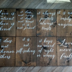 1 Corinthians 13 Rustic Wedding aisle Signs, 8 boards- size 12x16, Love is patient, love is kind, love never fails-dark walnut stain