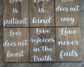 1 Corinthians aisle set of 6 boards, love is patient, love is kind, love never fails, set is 9x12, rustic wedding ceremony signs