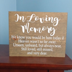 Wood Wedding Sign In loving Memory&quot; and then &quot;We know you would be here today if Heaven wasn&#39;t so far away.  Unseen, unheard, size 9x12
