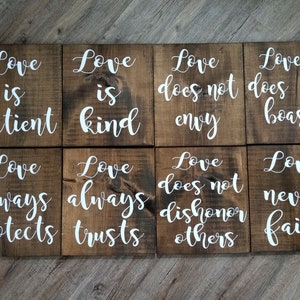 1 Corinthians Wedding aisle Signs, Set of 8 boards, love is patient, love is kind, love never fails, set is 12x13  Rustic wood ceremony