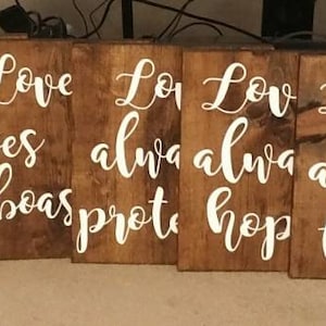 Corinthians 13 Wood Wedding aisle Signs, Set of 9, Love is Patient, Love is Kind, Love Never Fails, sign sizes 12x13