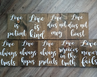 1 Corinthians 13 Rustic Aisle Wedding signs- 9 boards- size 9x12, love is patient, love is kind, love never fails- includes Mr & Mrs decal