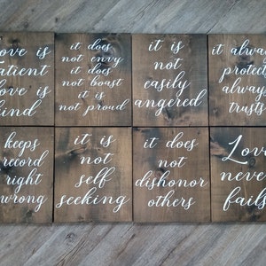 1 Corinthians 13 Rustic Wedding aisle Signs, 8 boards- size 12x13, Love is patient, love is kind, love never fails-dark walnut stain